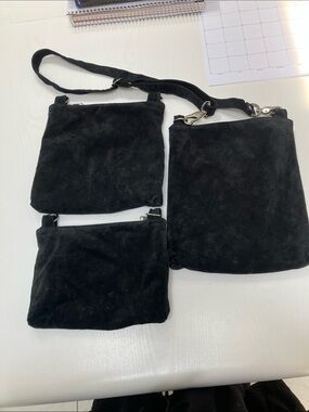 Vintage Linden Black Suede Crossbody Trio Bag Set - Versatile Everyday Style